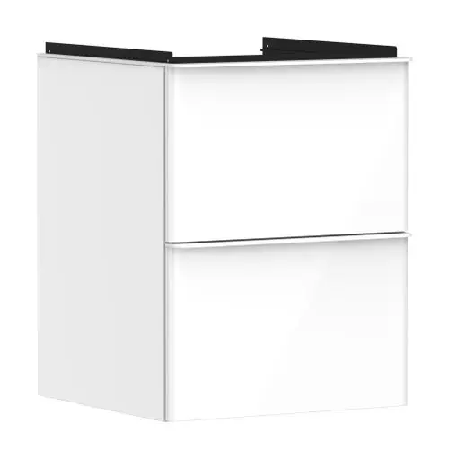 Weißer Waschtischunterschrank von Hansgrohe mit zwei Schubkästen, Oberseite in Schwarz. Eignet sich für die Montage unter einem Handwaschbecken.